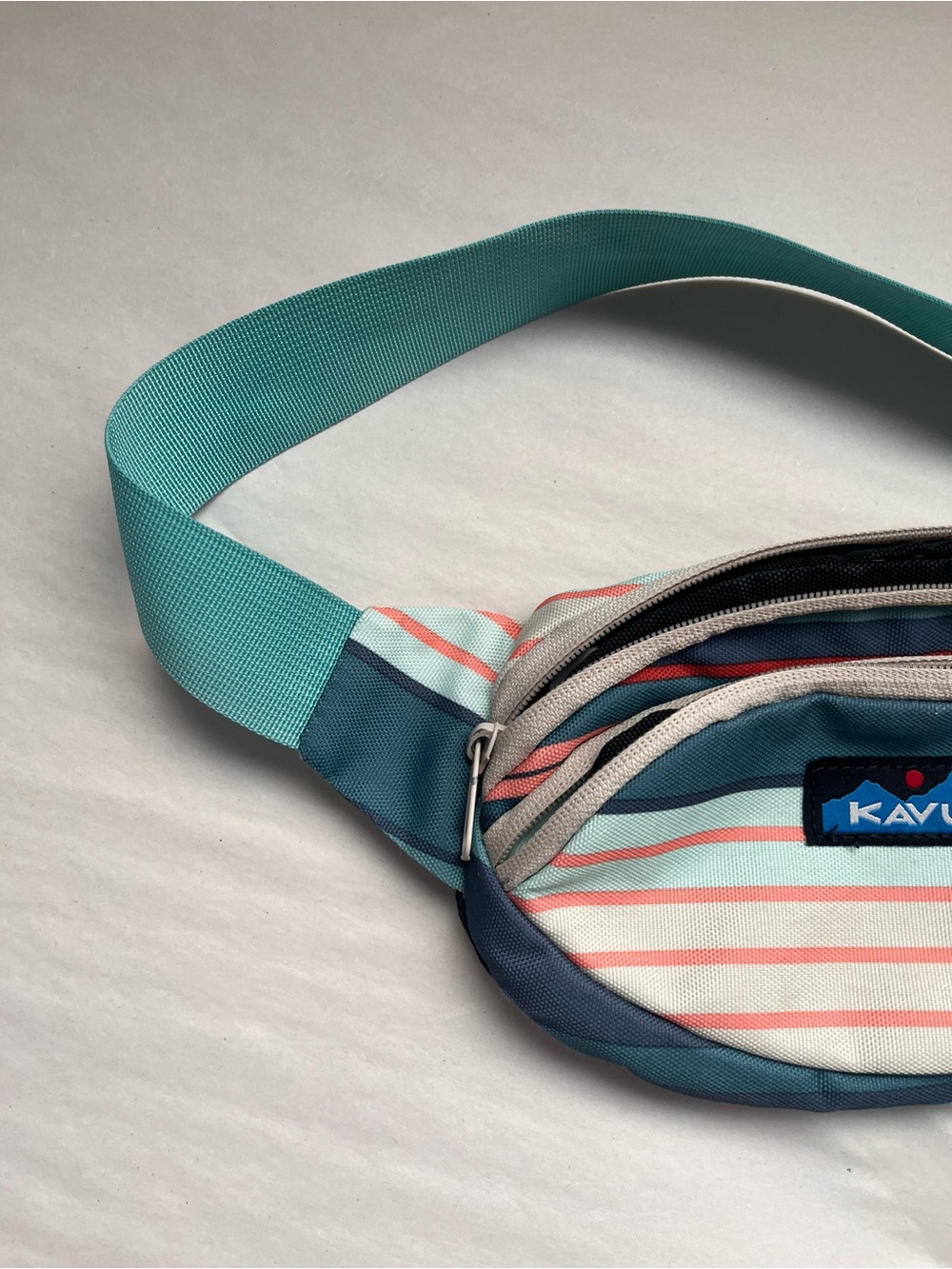KAVU Striped Fanny Pack Belt Bag in Teal and Coral - Picture 3 of 9